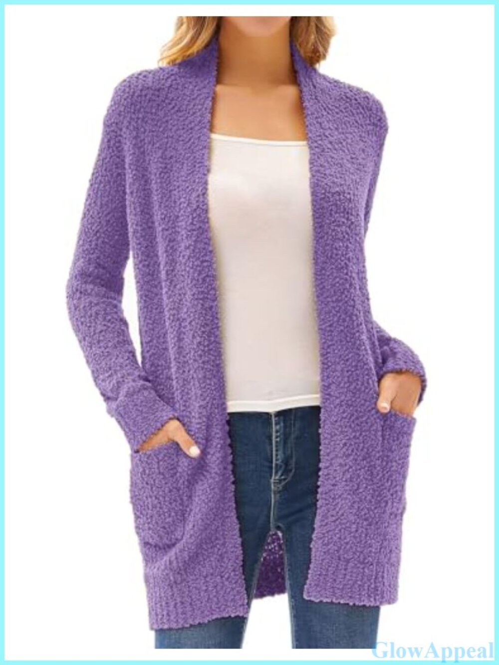 Long Fuzzy Fleece Open Front Cardigan Chunky Knit Winter Sweater with Pockets
